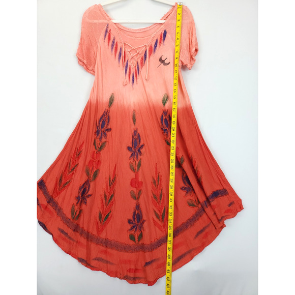 Asymmetrical Dress Boho Hippie Watercolor Ombre Peach Rust Floral Embroidered M - Picture 3 of 15